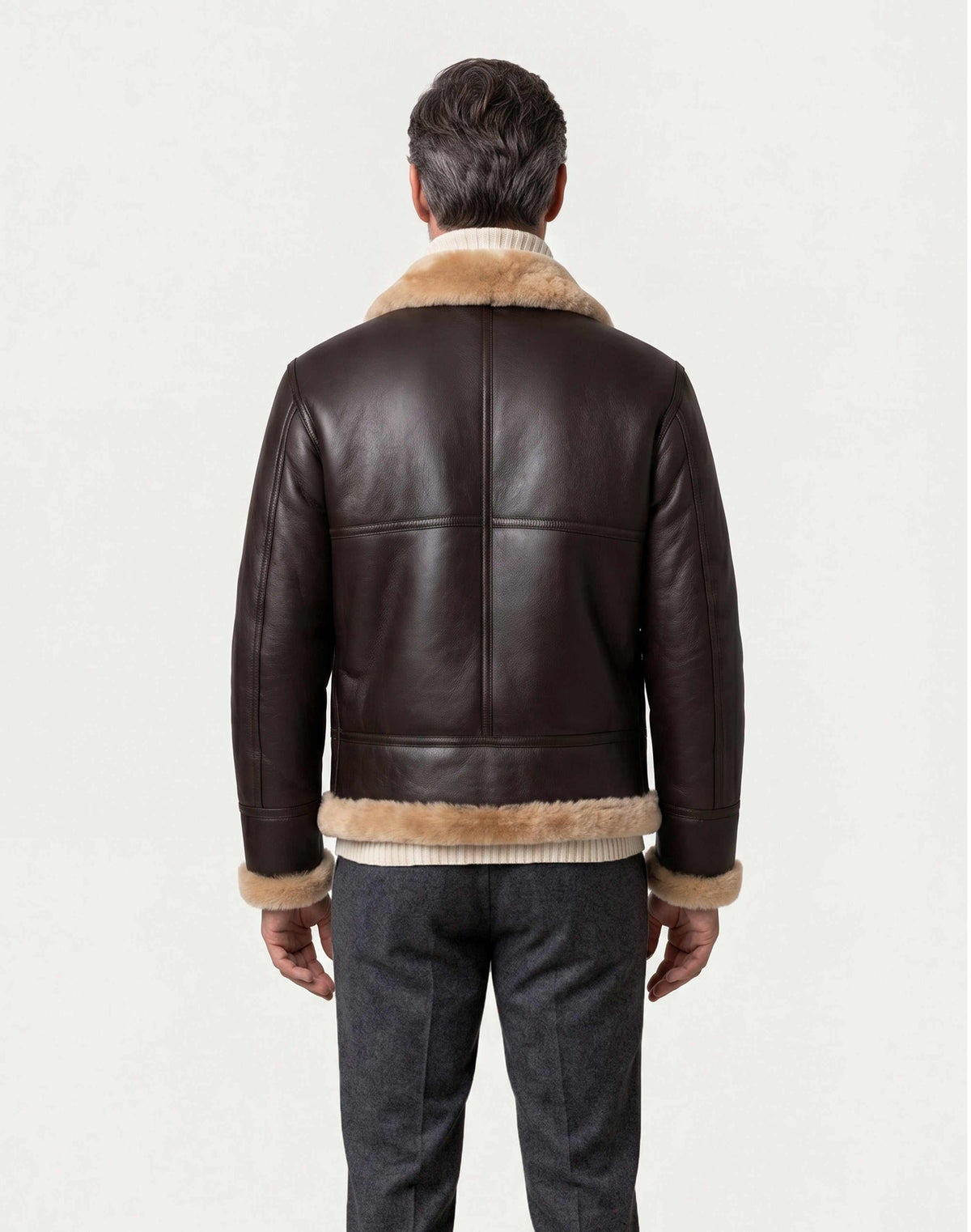 Heritage B3 dark brown shearling leather jacket with camel collar and adjustable waist belt