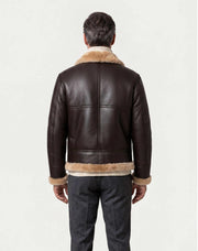 Heritage B3 dark brown shearling leather jacket with camel collar and adjustable waist belt