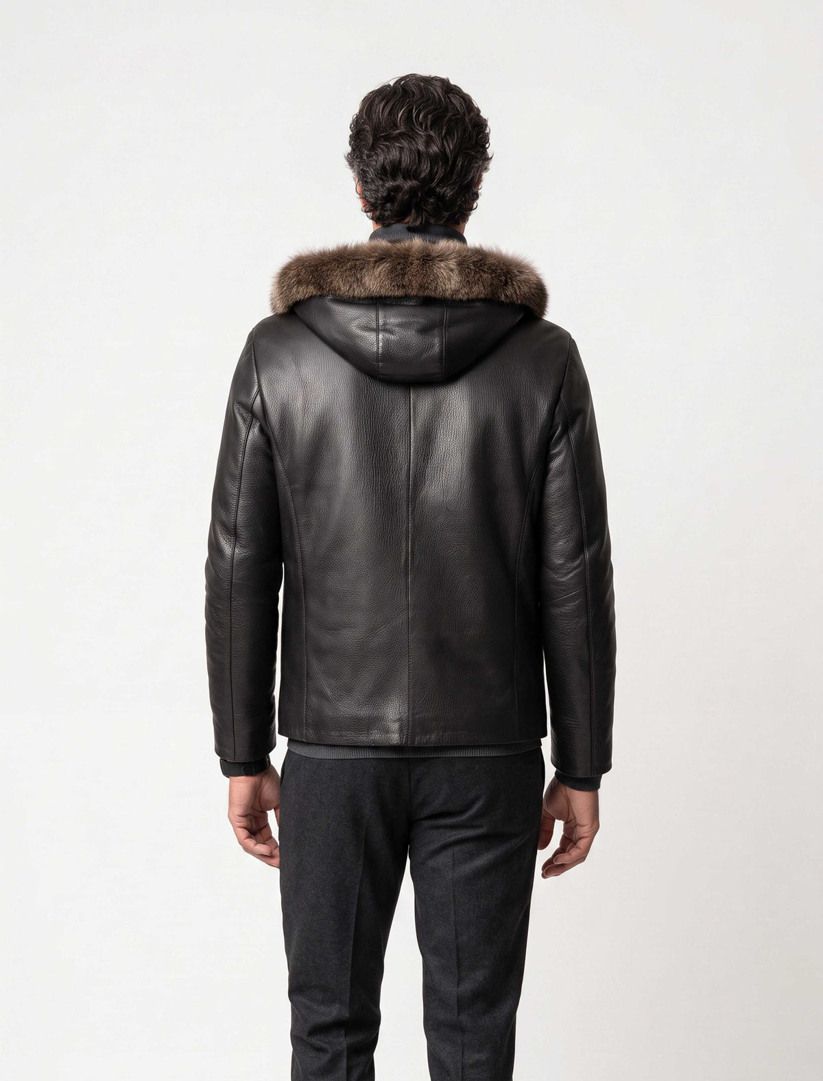 Heritage Hooded Shearling Leather Jacket in black with detachable fur-trim hood and premium genuine leather