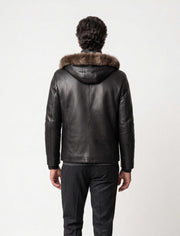 Heritage Hooded Shearling Leather Jacket in black with detachable fur-trim hood and premium genuine leather