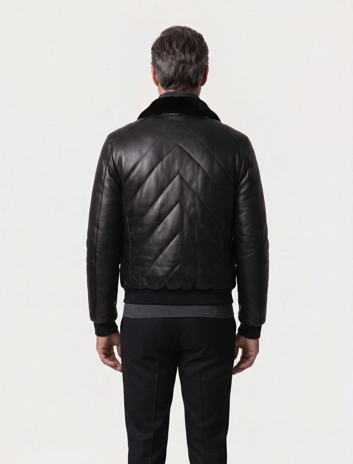 Noir Quilted Shearling Leather Bomber jacket with quilted leather and soft shearling collar for men