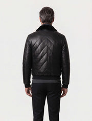 Noir Quilted Shearling Leather Bomber jacket with quilted leather and soft shearling collar for men