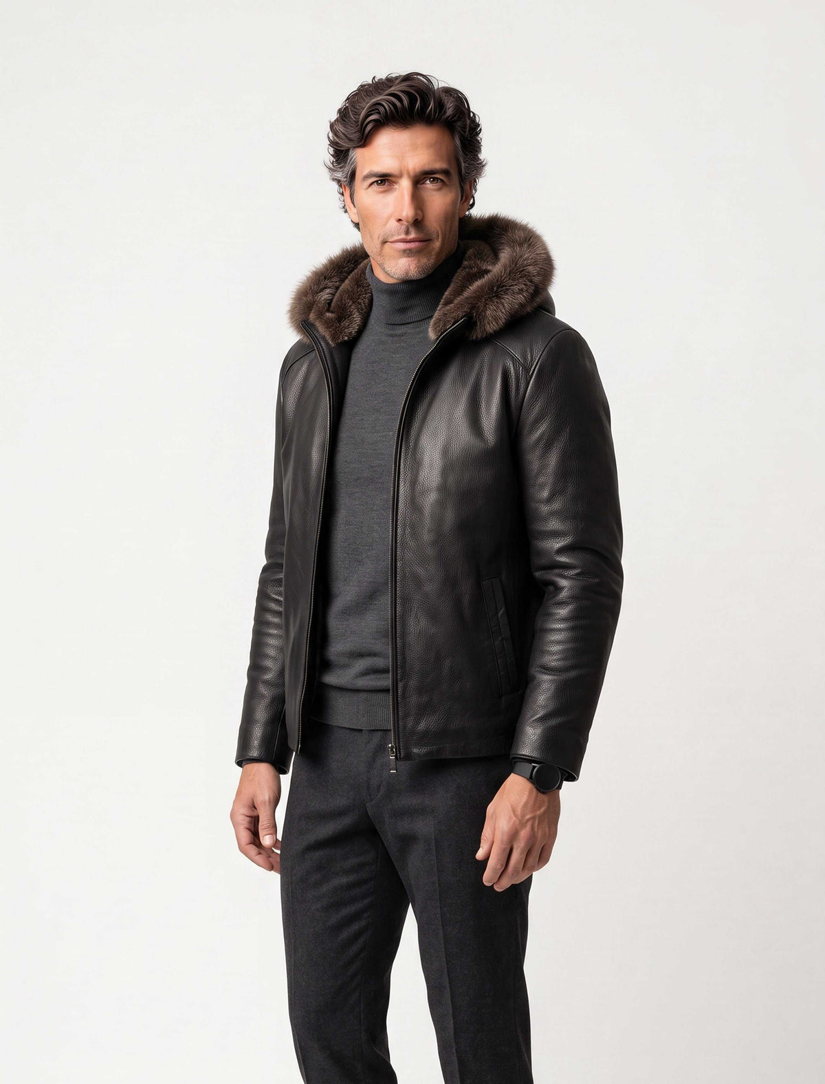 Heritage hooded shearling leather jacket in black with detachable fur-trim hood