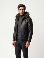 Heritage hooded shearling leather jacket in black with detachable fur-trim hood