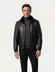 Noir quilted shearling leather bomber jacket with soft collar and tailored fit for winter luxury