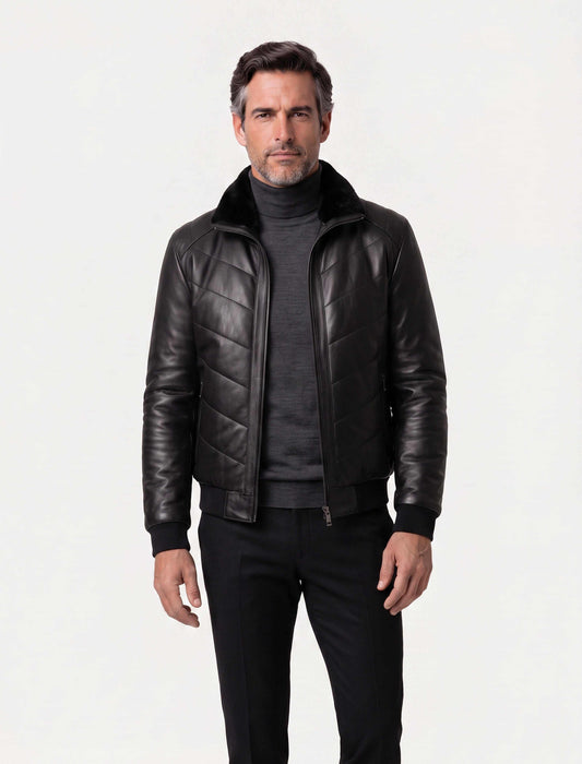 Noir quilted shearling leather bomber jacket with soft collar and tailored fit for winter luxury