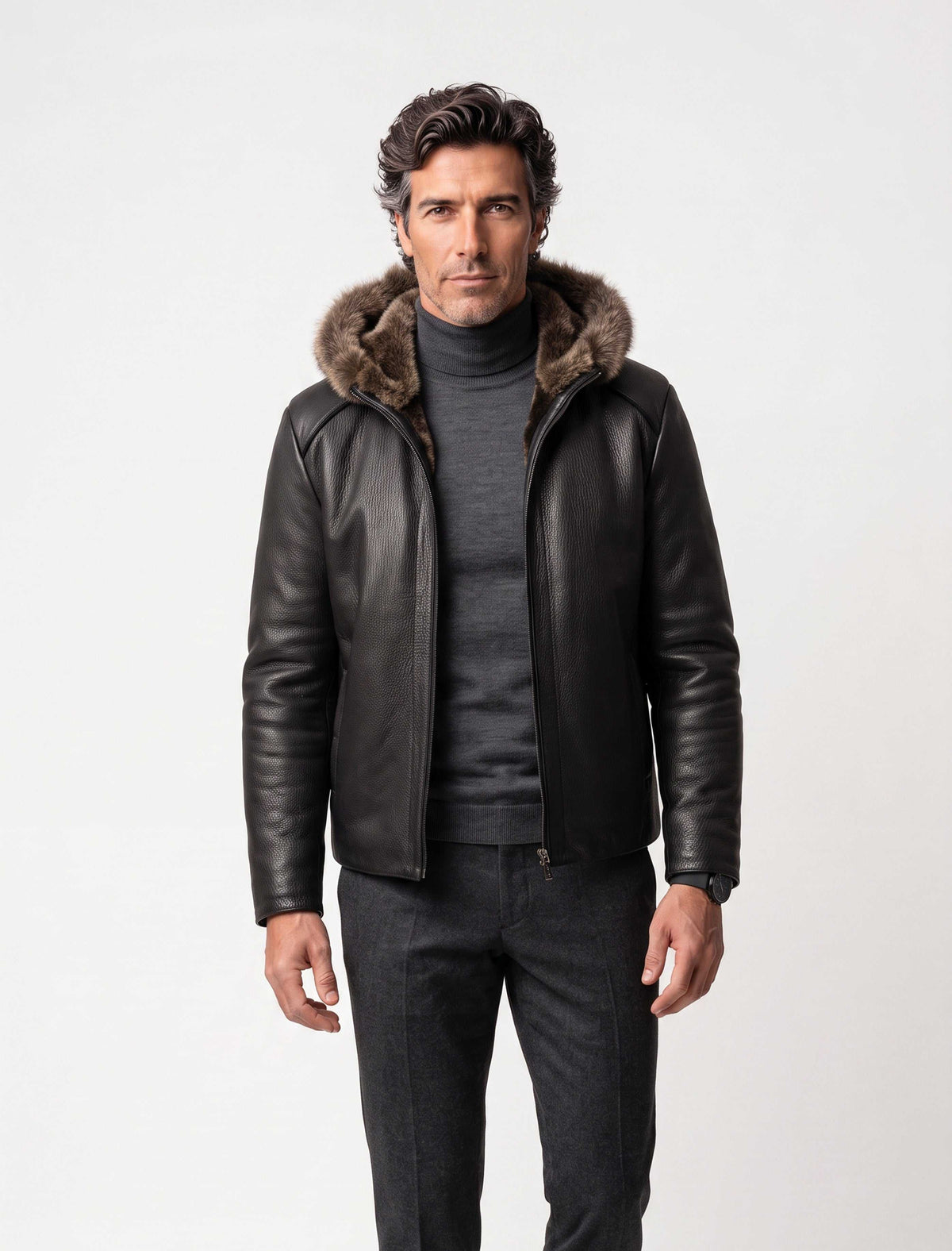 Black Heritage Hooded Shearling Leather Jacket with detachable fur-trim hood