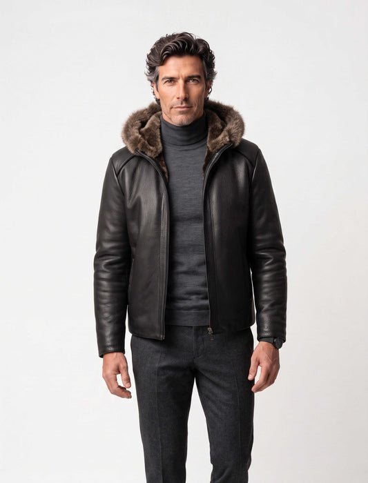 Black Heritage Hooded Shearling Leather Jacket with detachable fur-trim hood