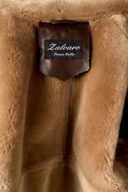 Heritage B3 dark brown shearling leather jacket with camel shearling collar and heavy-duty zipper