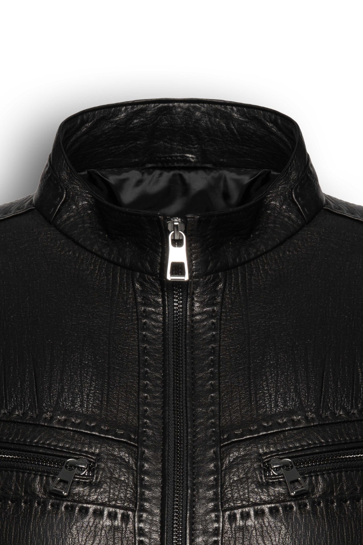 Nero Signature Leather Racer Jacket in premium lamb leather with zip pockets and stand collar