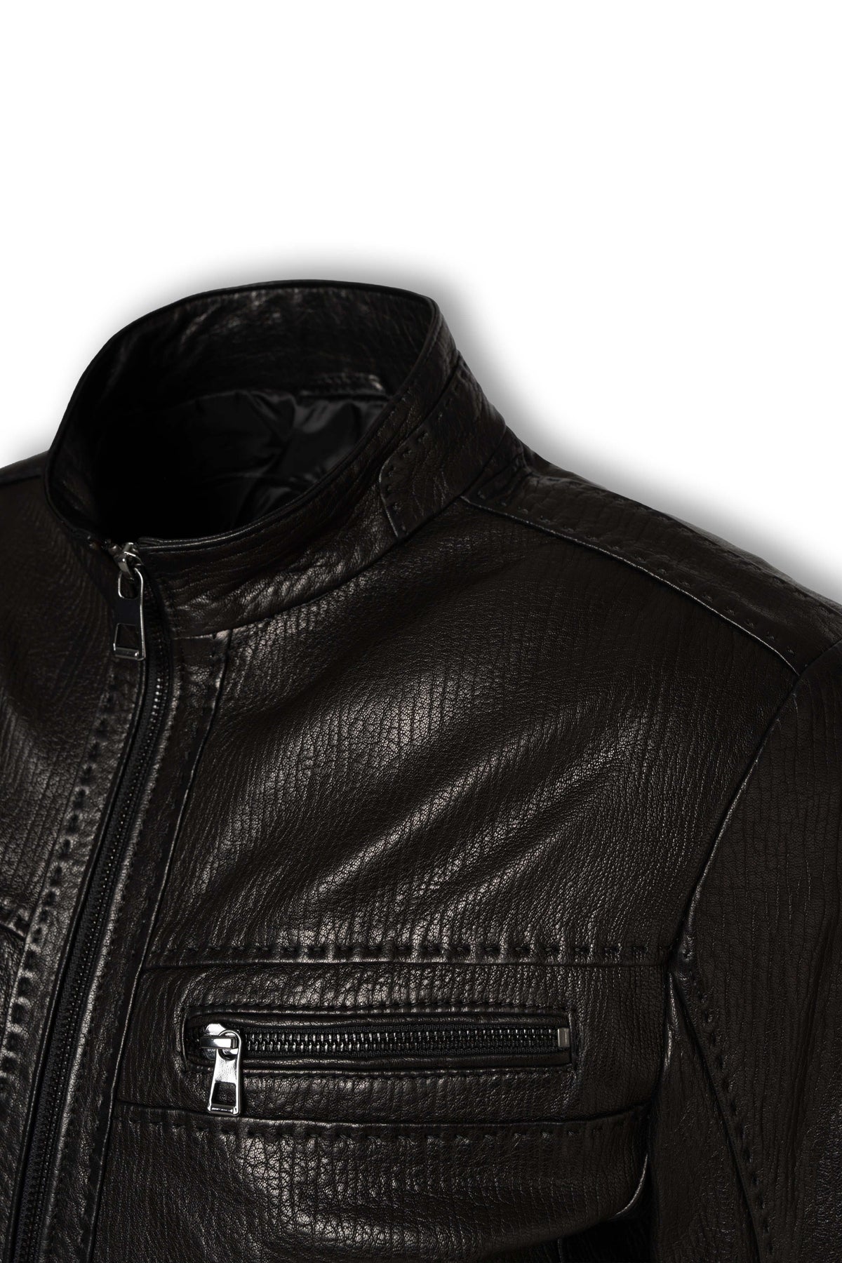 Nero Signature Leather Racer Jacket in premium lamb leather with dual zip chest pockets and sleek stand collar