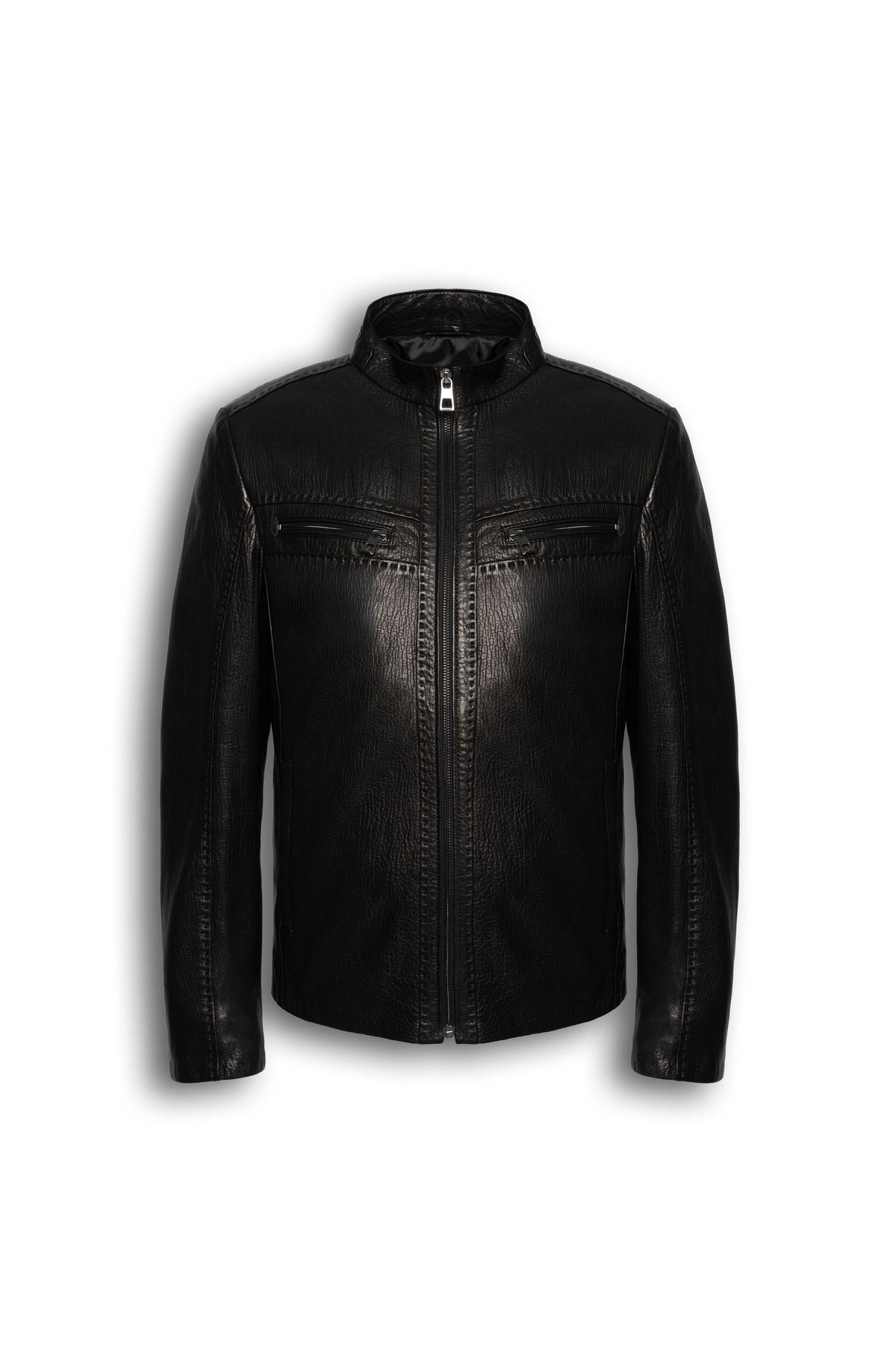 Nero Signature Leather Racer Jacket in premium lamb leather with classic café racer design and dual zip pockets