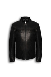 Nero Signature Leather Racer Jacket in premium lamb leather with classic café racer design and dual zip pockets