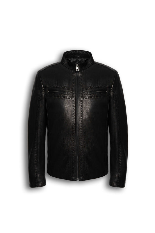 Nero Signature Leather Racer Jacket in premium lamb leather with classic café racer design and dual zip pockets