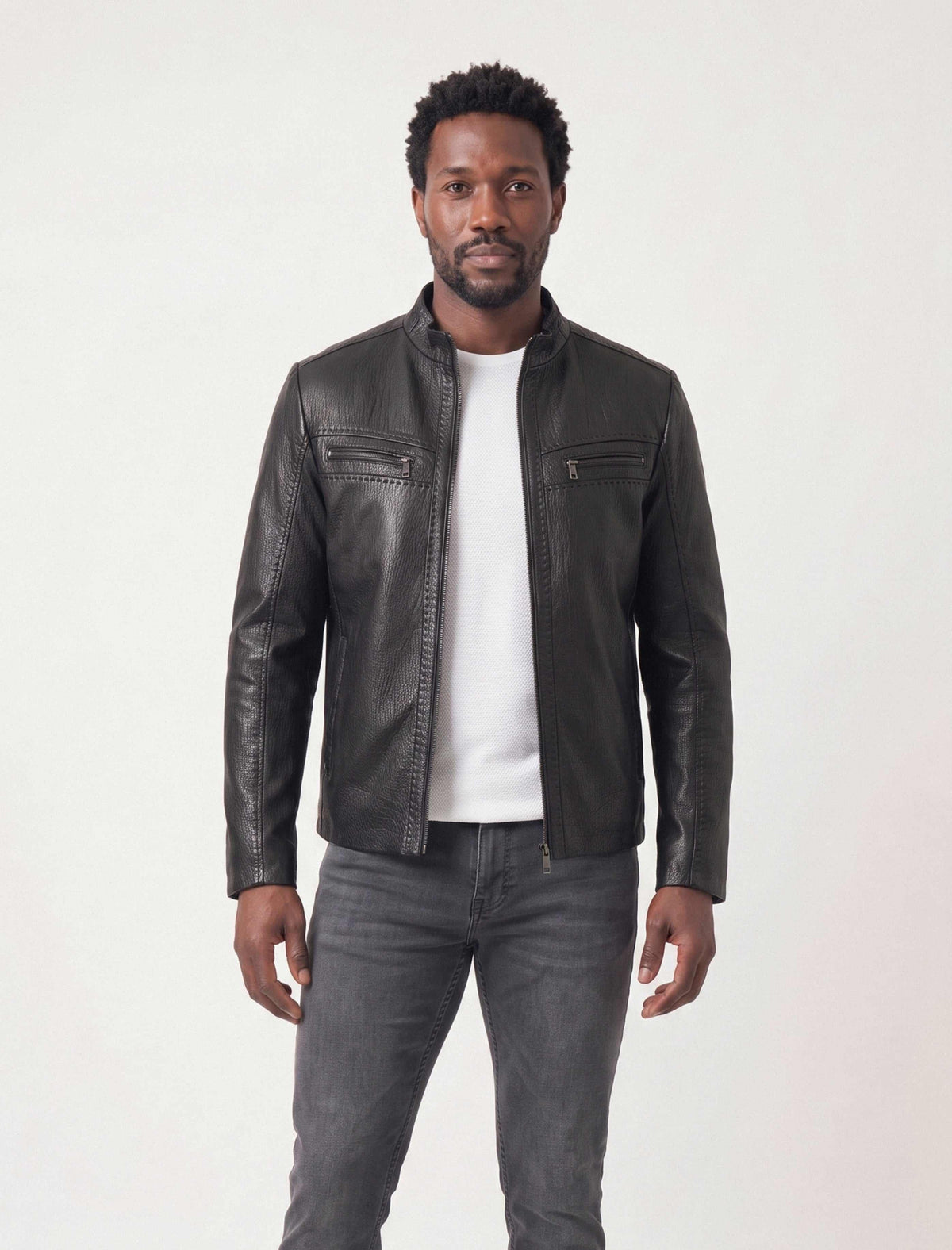 Nero Signature Leather Racer Jacket in premium lamb leather with dual zip pockets and stand collar