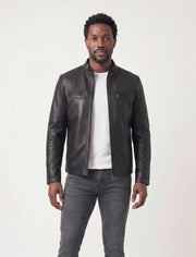 Nero Signature Leather Racer Jacket in premium lamb leather with dual zip pockets and stand collar