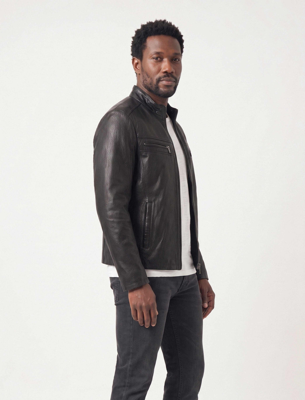 Nero Signature Leather Racer Jacket in premium lamb leather with dual zip pockets and stand collar