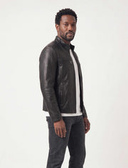 Nero Signature Leather Racer Jacket in premium lamb leather with dual zip pockets and stand collar