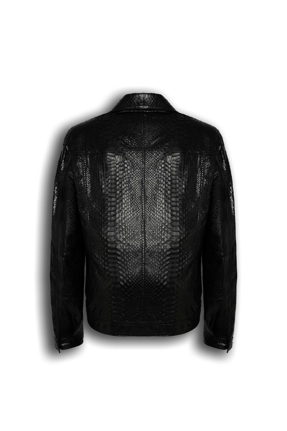 Nero Black Genuine Python Leather Trucker Jacket with unique natural python scale pattern and premium metal hardware