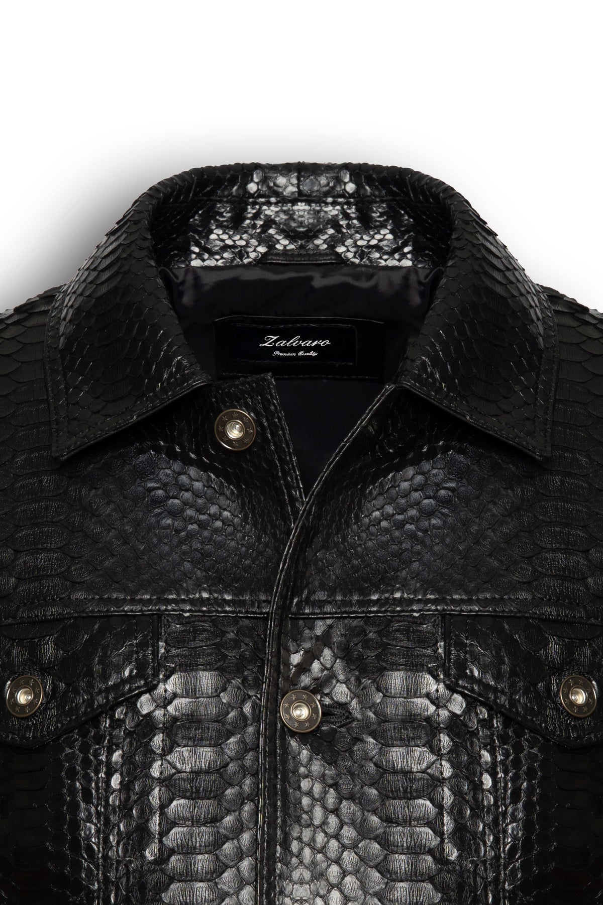 Nero Black Genuine Python Leather Trucker Jacket with unique natural scale pattern and premium metal hardware