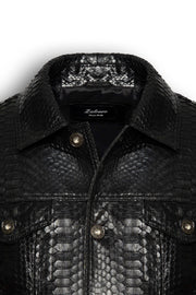 Nero Black Genuine Python Leather Trucker Jacket with unique natural scale pattern and premium metal hardware