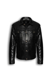 Nero Black Genuine Python Leather Trucker Jacket with natural python scale pattern and metal hardware
