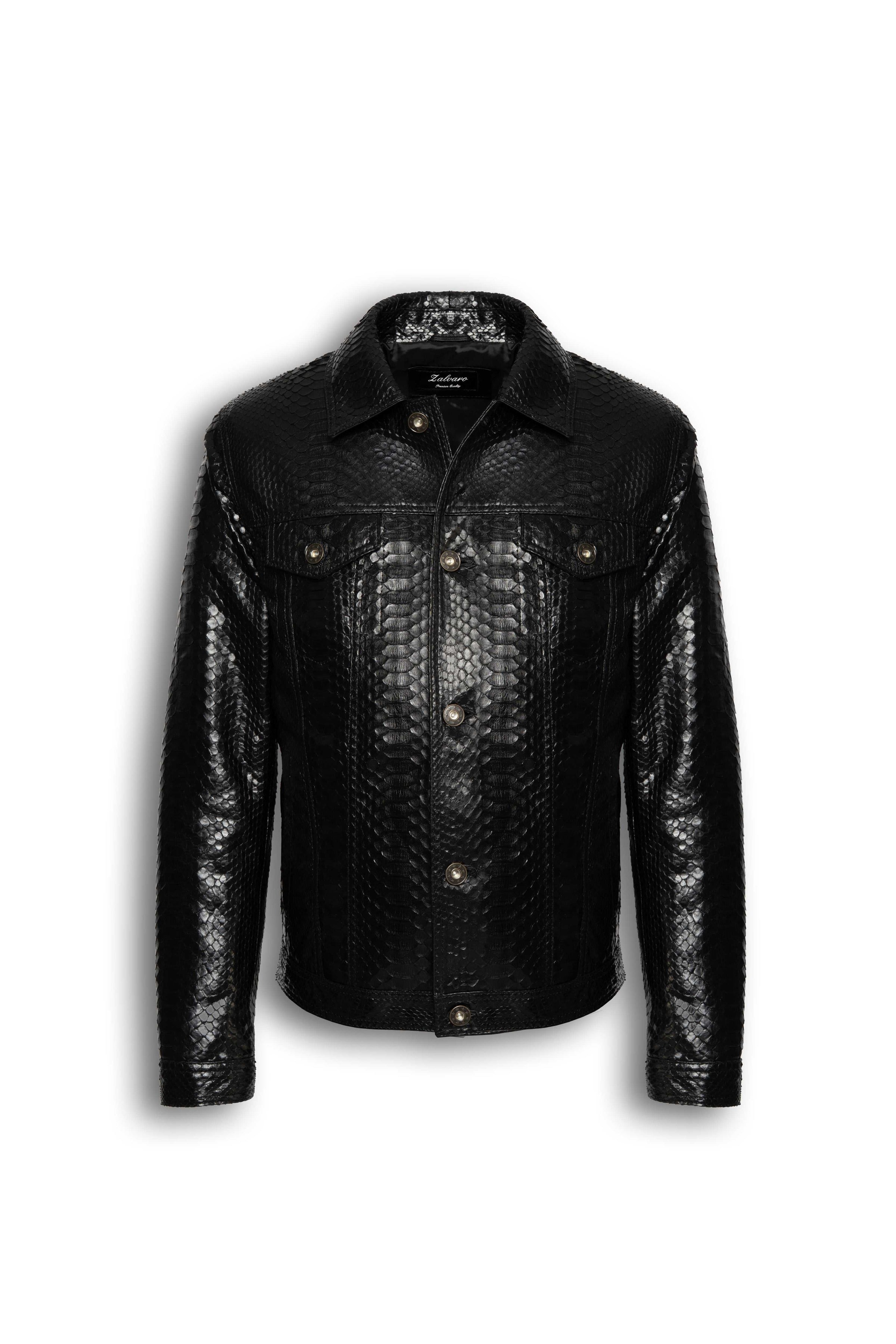 Nero Black Genuine Python Leather Trucker Jacket with natural python scale pattern and metal hardware