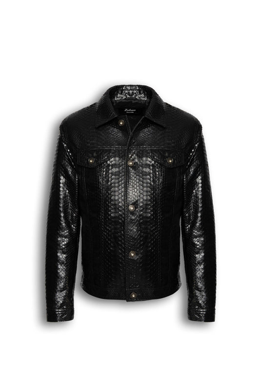 Nero Black Genuine Python Leather Trucker Jacket with natural python scale pattern and metal hardware