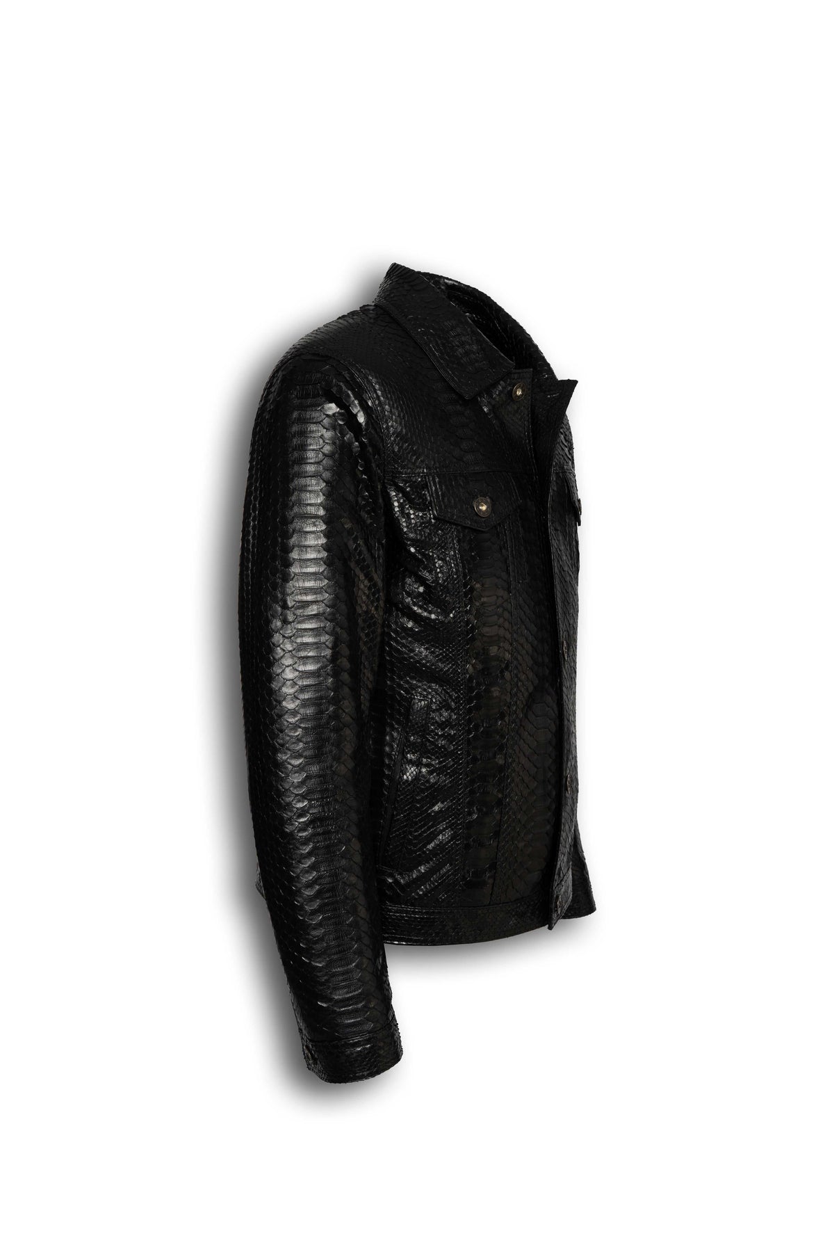 Nero Black Genuine Python Leather Trucker Jacket with unique natural python scale pattern and metal hardware