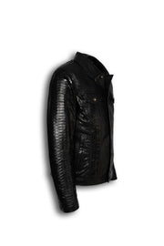 Nero Black Genuine Python Leather Trucker Jacket with unique natural python scale pattern and metal hardware