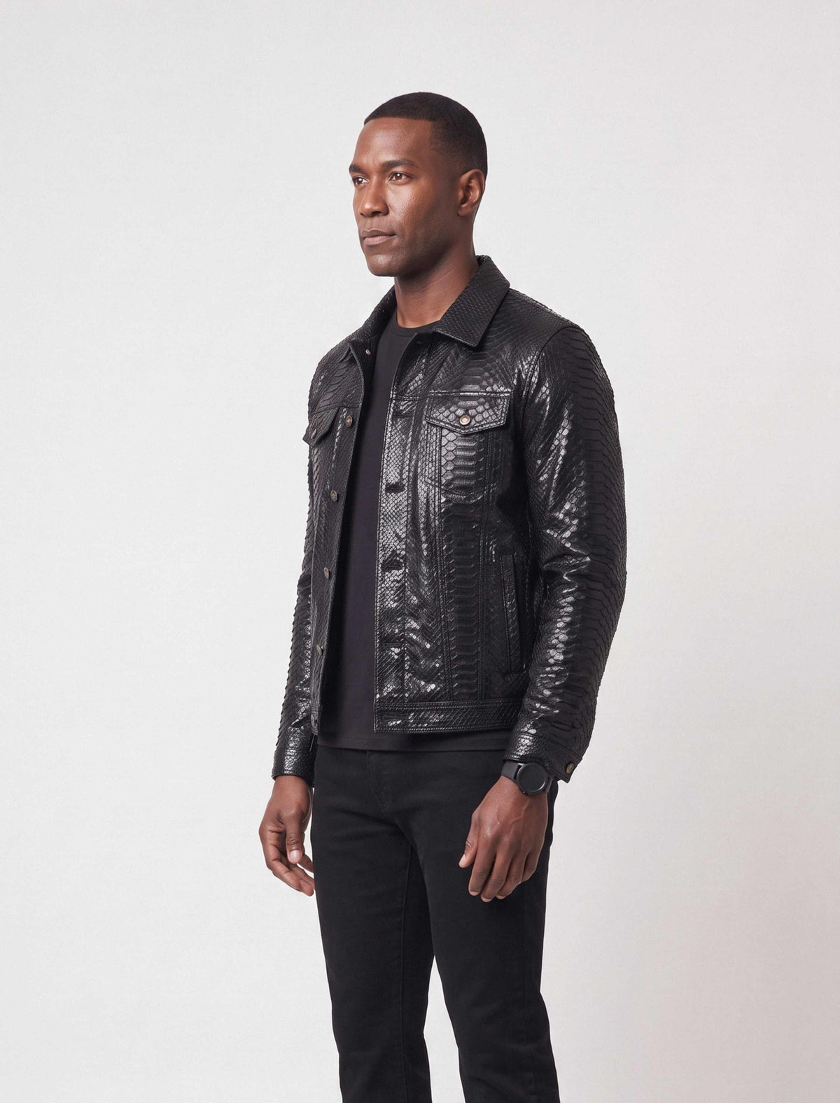 Nero Black Genuine Python Leather Trucker Jacket with unique natural scale pattern and premium metal hardware