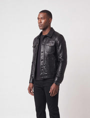 Nero Black Genuine Python Leather Trucker Jacket with unique natural scale pattern and premium metal hardware