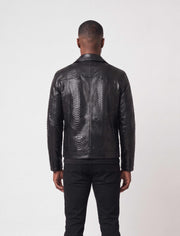 Nero Black Genuine Python Leather Trucker Jacket with natural scale pattern and structured chest pockets