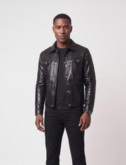 Nero Black Genuine Python Leather Trucker Jacket with unique natural python scale pattern, structured chest pockets, and premium metal hardware.