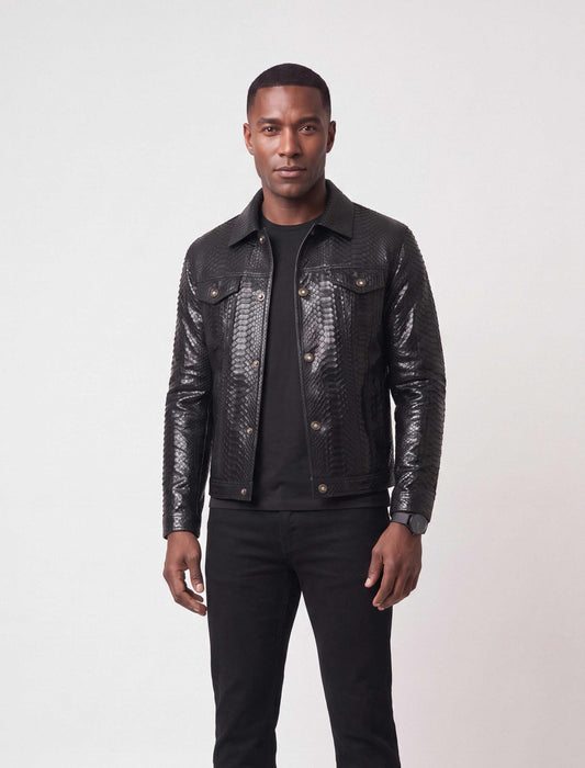 Nero Black Genuine Python Leather Trucker Jacket with unique natural python scale pattern, structured chest pockets, and premium metal hardware.