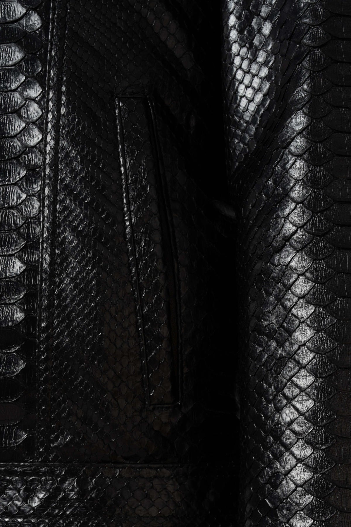 Nero Black Genuine Python Leather Trucker Jacket with unique natural python scale pattern and premium metal hardware