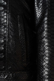 Nero Black Genuine Python Leather Trucker Jacket with unique natural python scale pattern and premium metal hardware