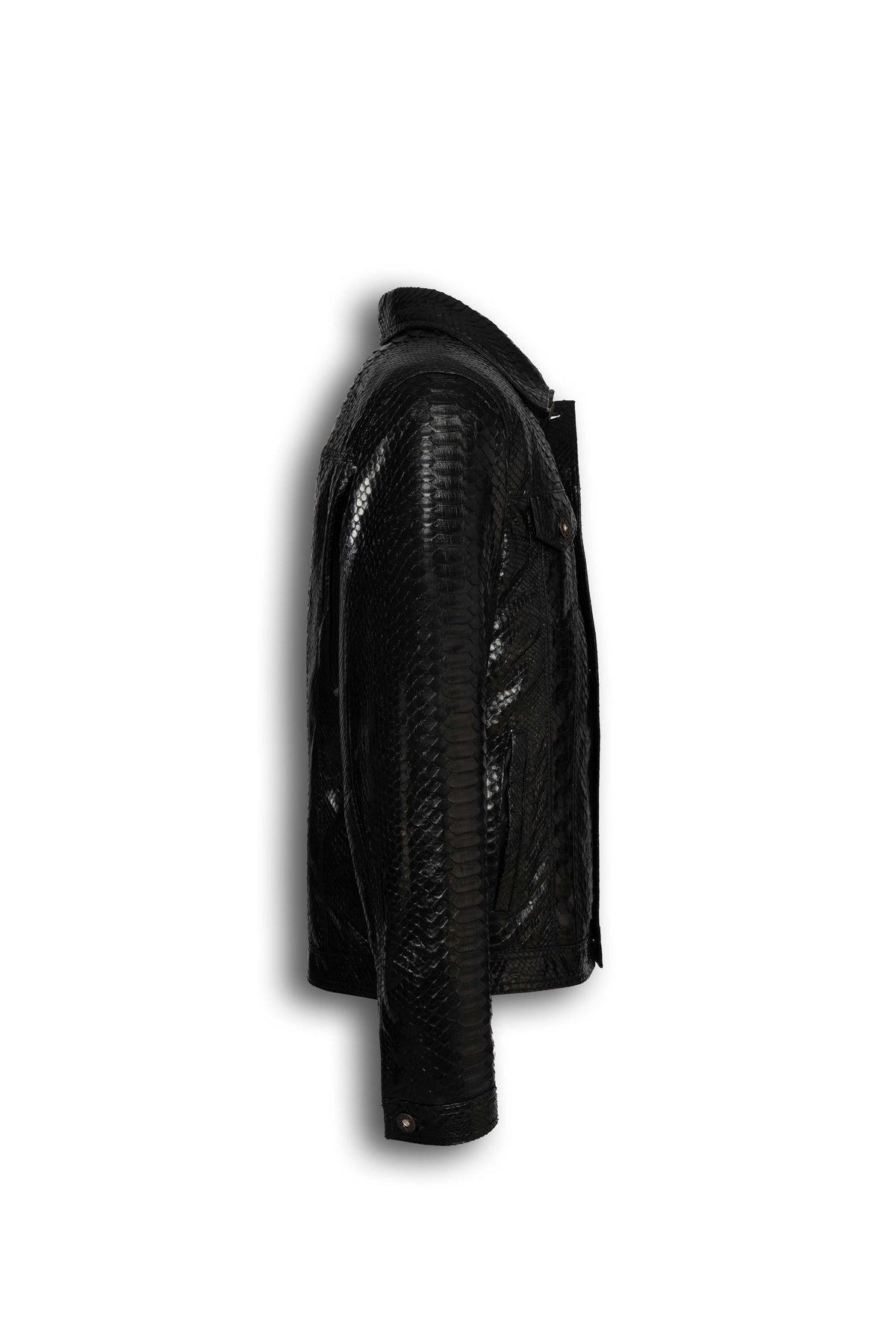 Nero Black Genuine Python Leather Trucker Jacket with unique python scale pattern and structured chest pockets