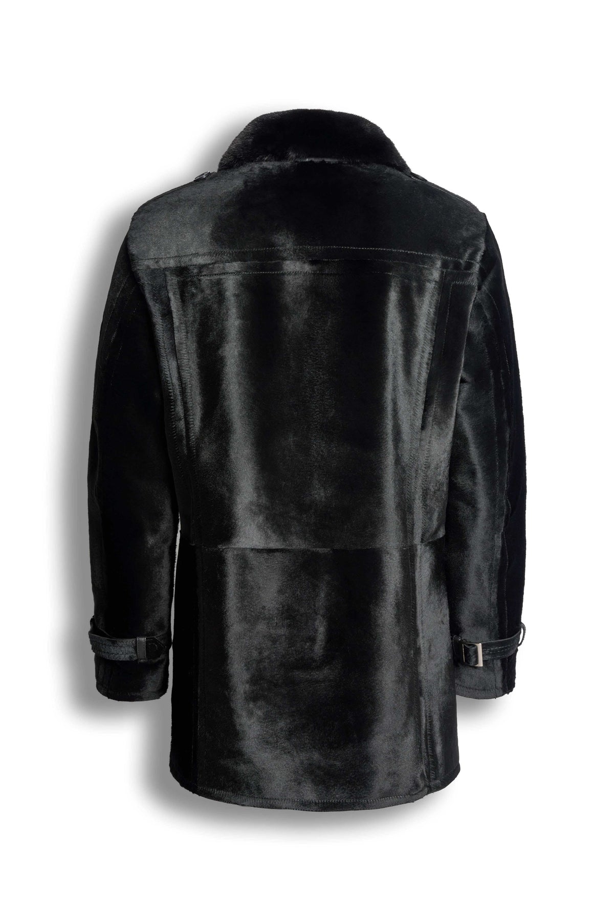 Noir Shearling Coat, stylish black leather winter coat with oversized shearling collar and double-breasted design