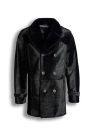 Black Noir Shearling Coat with oversized collar and double-breasted front, made from premium leather and soft shearling lining for winter luxury