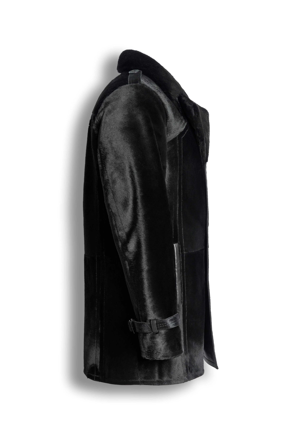 Black Noir Shearling Coat with oversized collar and double-breasted design, handcrafted leather winter jacket