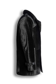 Black Noir Shearling Coat with oversized collar and double-breasted design, handcrafted leather winter jacket