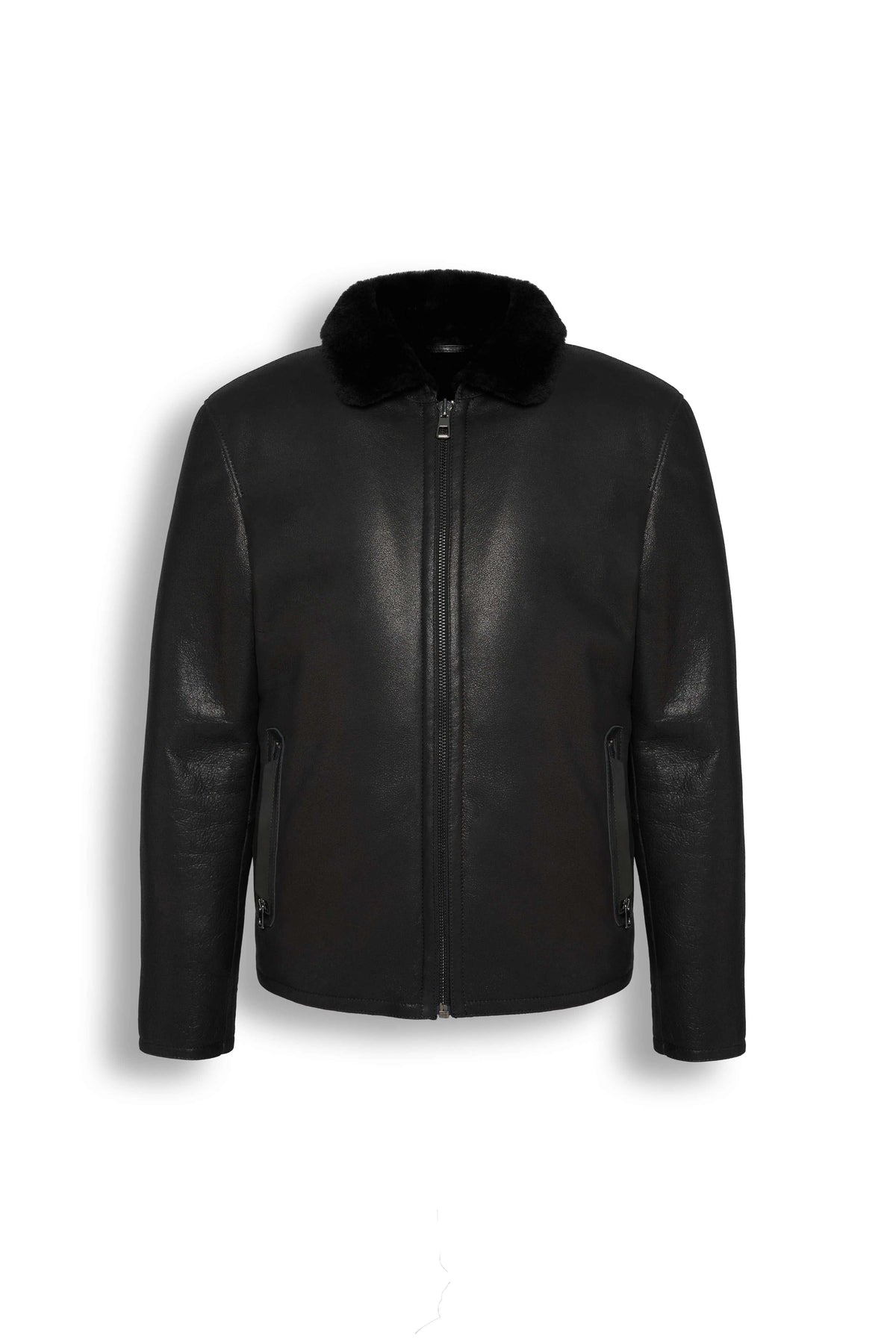 Noir Shearling Leather Jacket in black with shearling collar for men, crafted from premium genuine leather