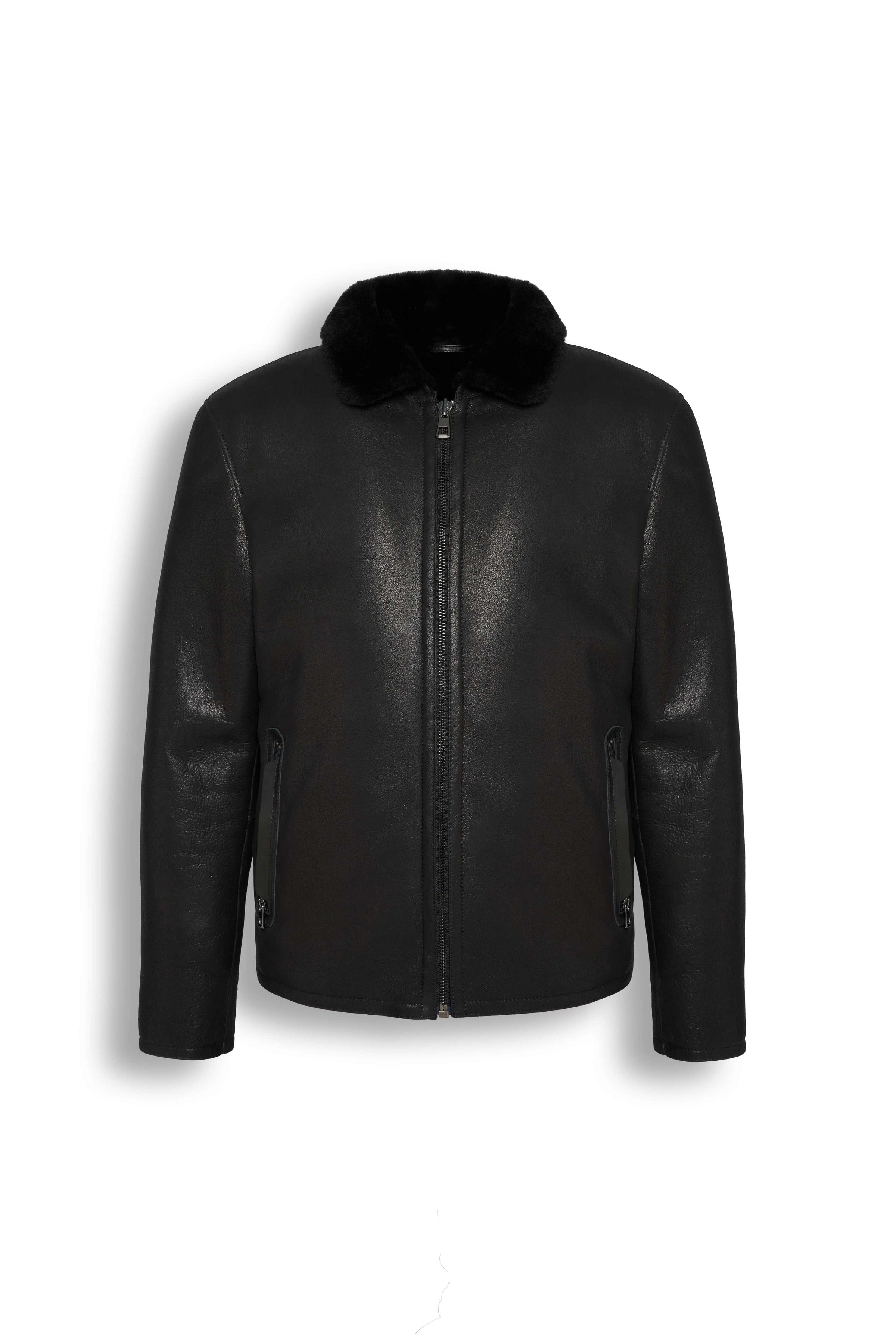 Noir Shearling Leather Jacket in black with shearling collar for men, crafted from premium genuine leather