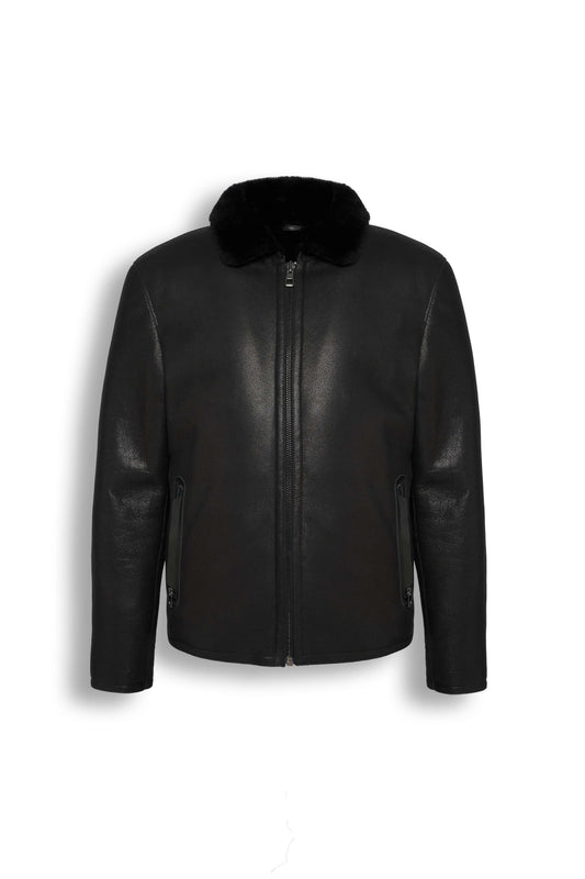 Noir Shearling Leather Jacket in black with shearling collar for men, crafted from premium genuine leather