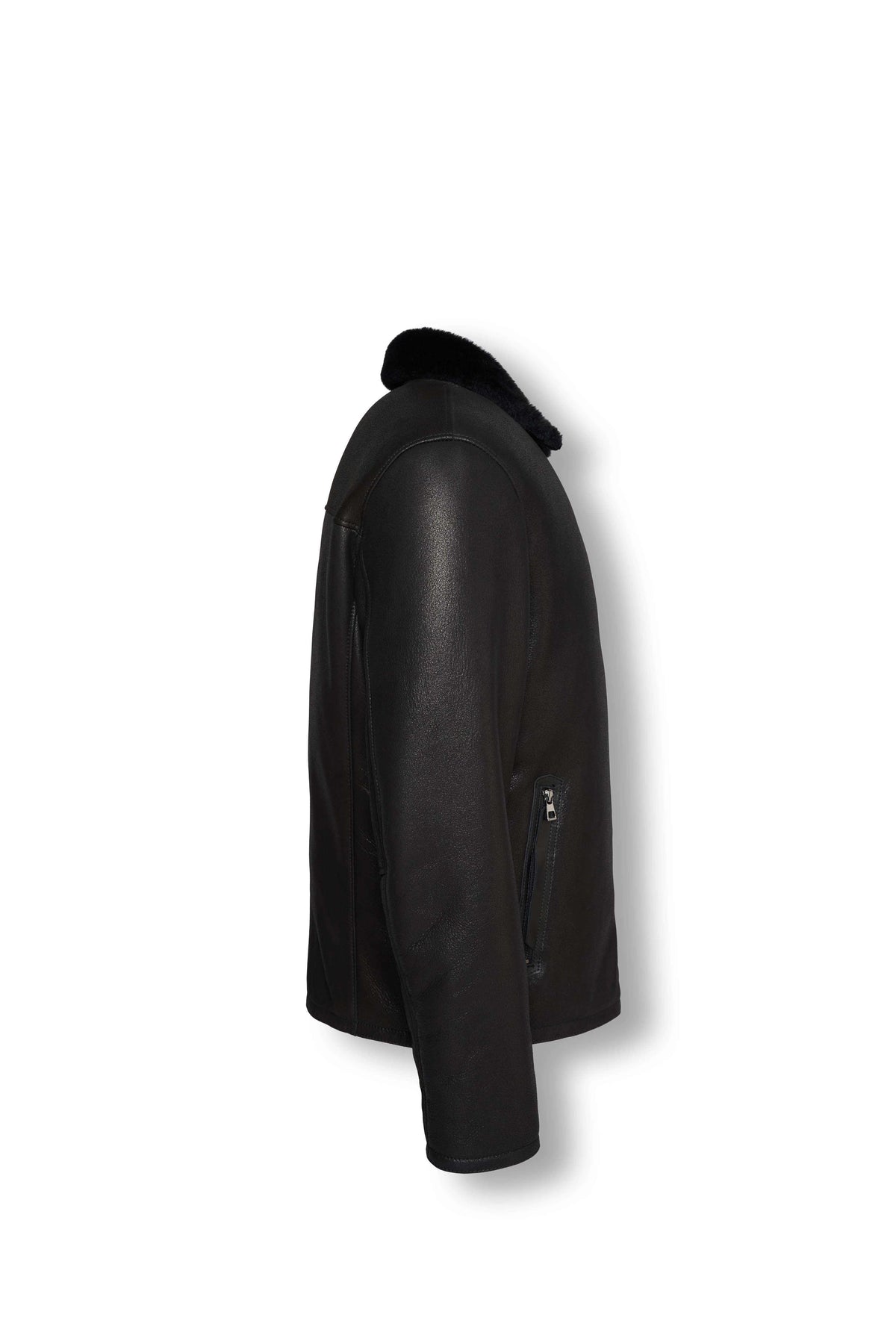 Men's Noir Shearling Leather Jacket in black with shearling collar, handcrafted luxury winter wear.