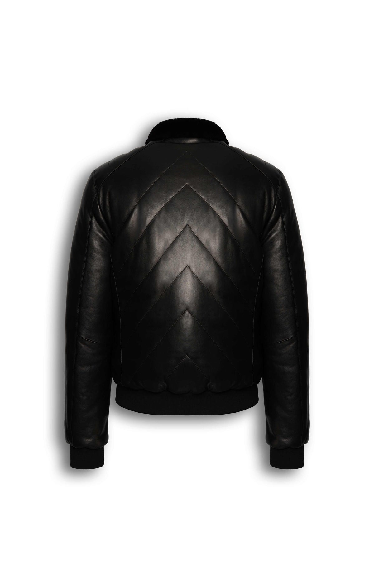 Noir Quilted Shearling Leather Bomber jacket with lamb leather and shearling collar for winter luxury