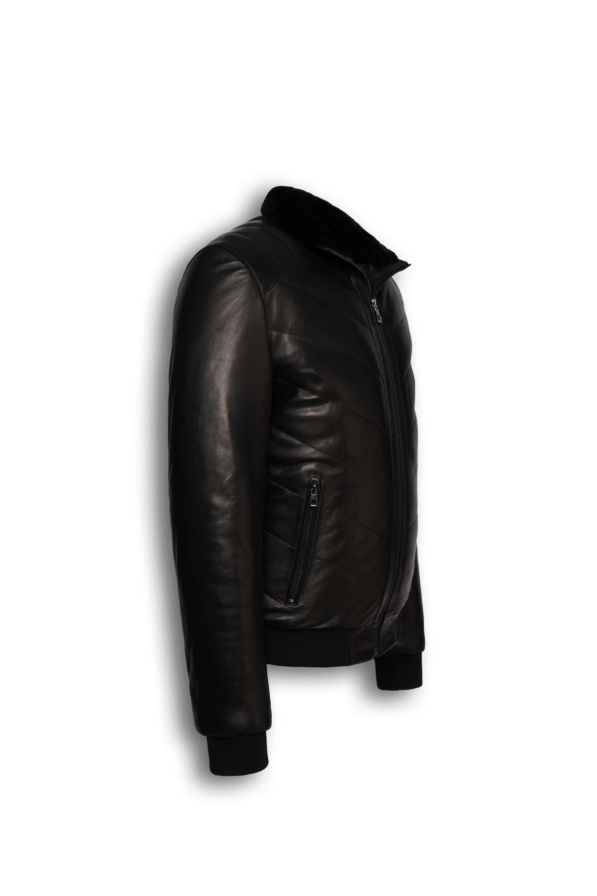 Noir Quilted Shearling Leather Bomber jacket with premium lamb leather and soft shearling collar