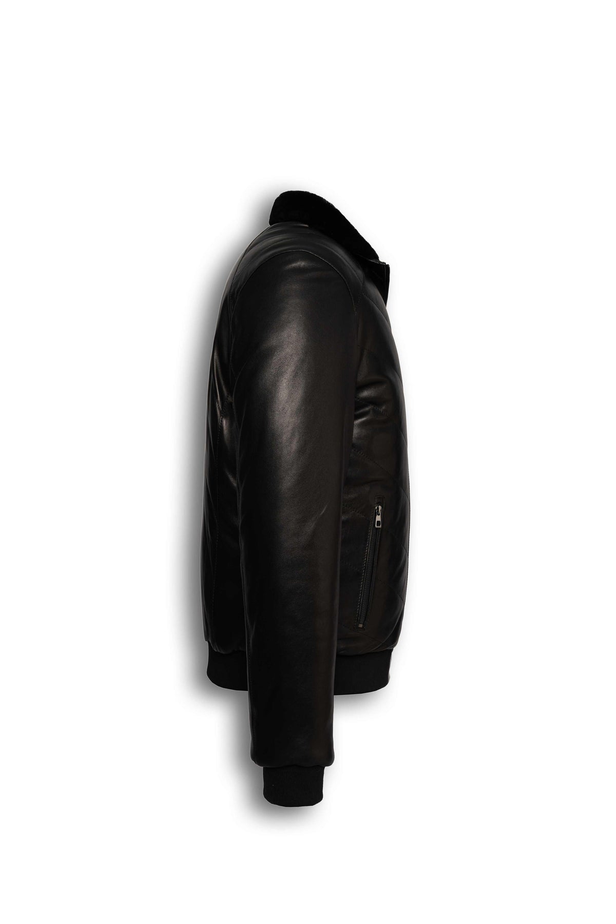 Noir Quilted Shearling Leather Bomber jacket with lamb leather and shearling collar for winter warmth and luxury