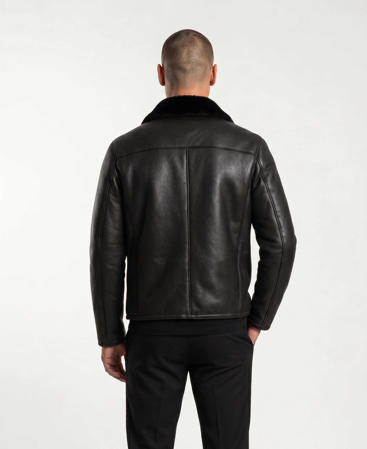 Noir Shearling Leather Jacket in black with shearling collar for luxurious cold weather style